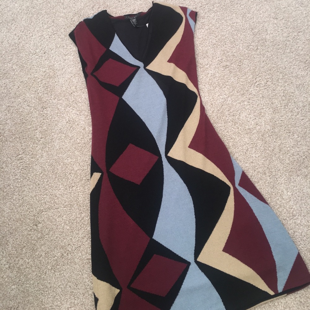 New $195 Laundry Midi Geometric Dress Black Blue Small - Picture 2 of 9
